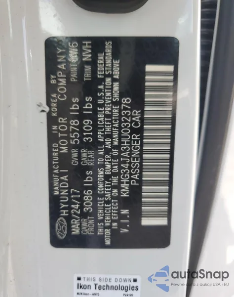 2017 Genesis G90 Premium z USA, uszkodzony, nr VIN KMHG34JA3HU032378